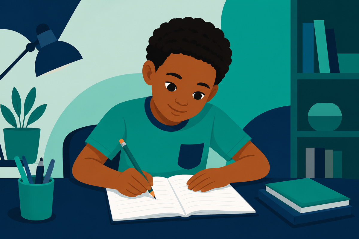 Intermediate phase learner studying with notebook