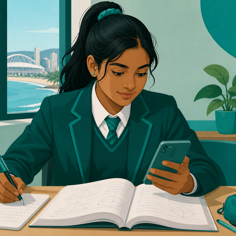Indian South African learner studying with smartphone