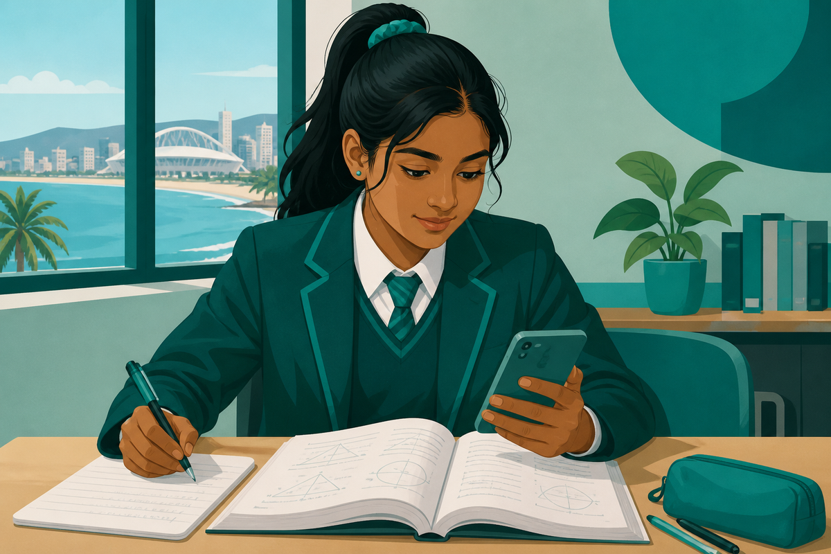 Indian South African learner studying with smartphone