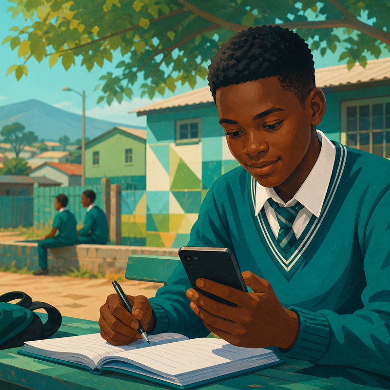 Learner in a South African township studying with phone