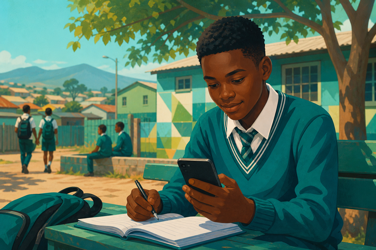 Learner in a South African township studying with phone