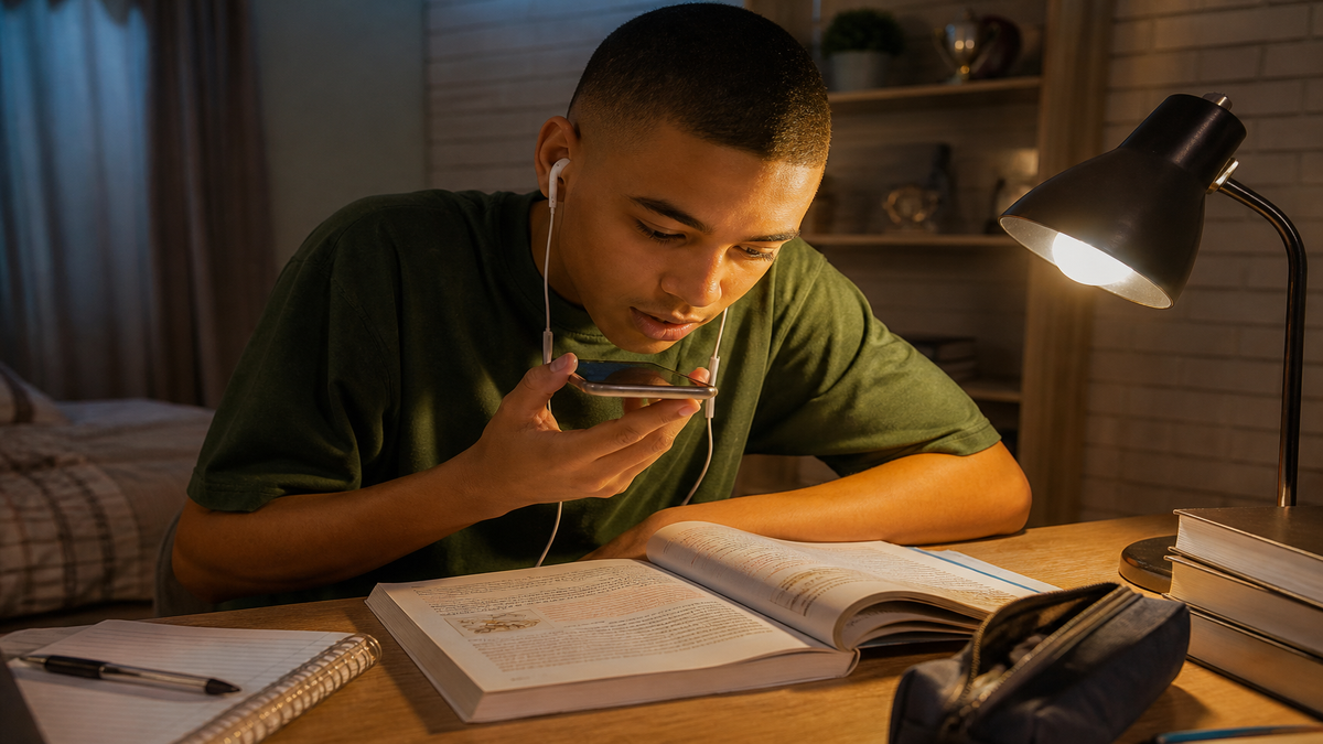 Coloured South African learner recording a WhatsApp voice note while studying