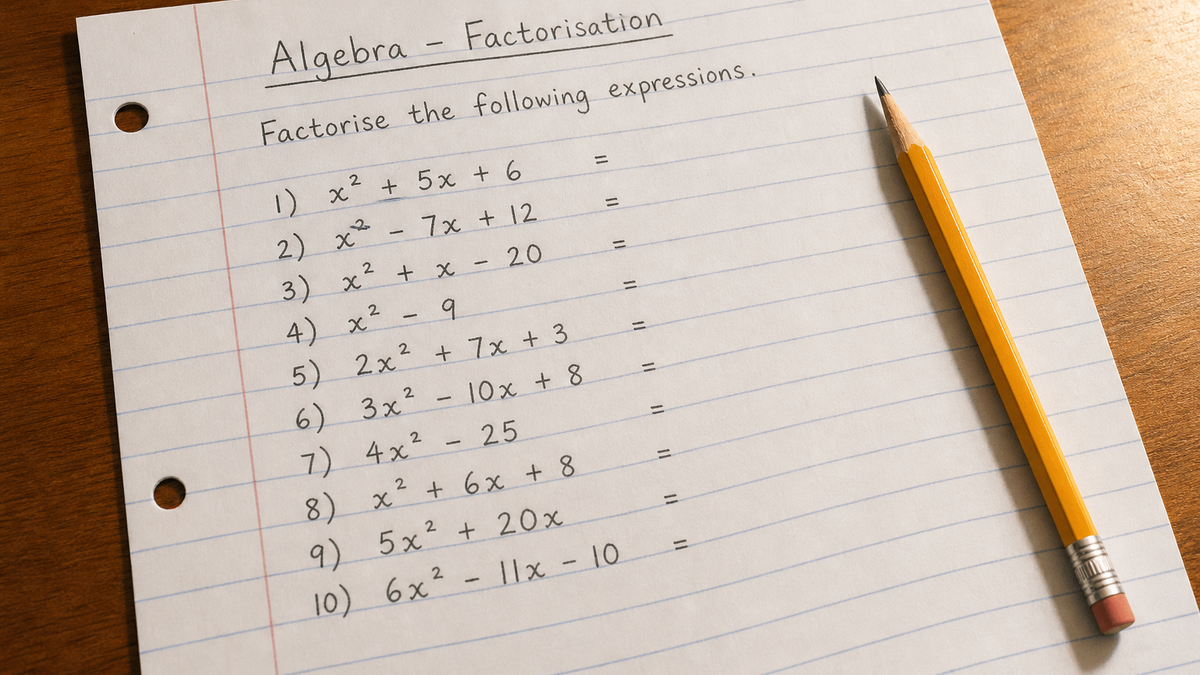 Handwritten algebra factorisation worksheet on lined paper