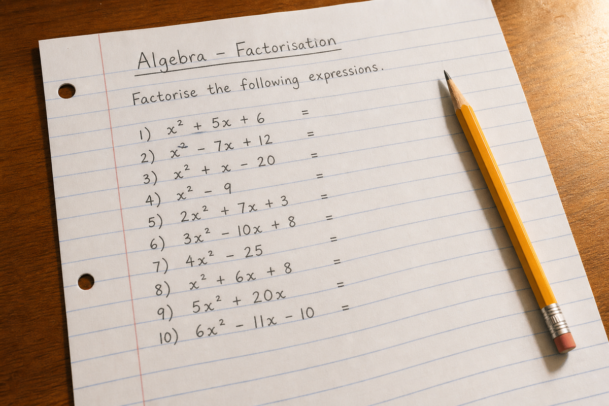 Handwritten algebra factorisation worksheet on lined paper