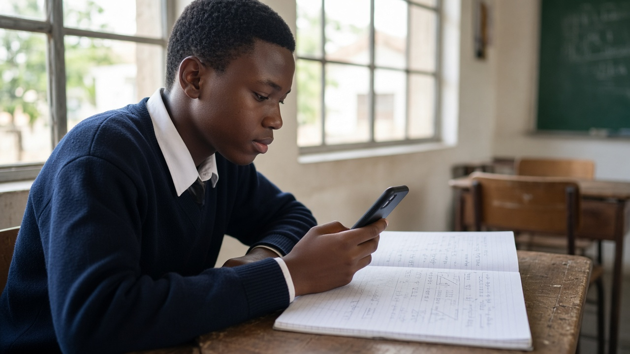 South African learner photographing homework with a smartphone for WhatsApp study help